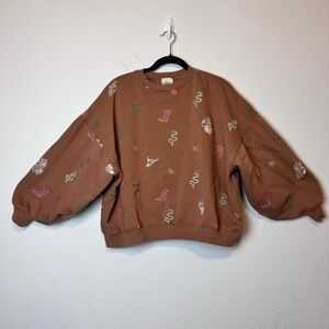 Sterling & Stitch Western Embroidered Pullover in Brow Size Small